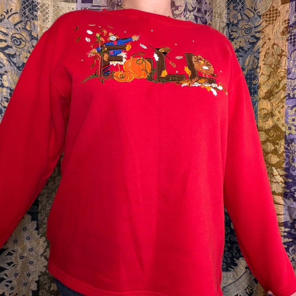 90s Fall Themed Beaded Art Teacher Granny Cutesy Red Crew Neck Sweater Size L